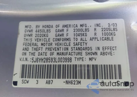 2003 Honda Element Ex из США, поврежденный, VIN 5J6YH28593L003998